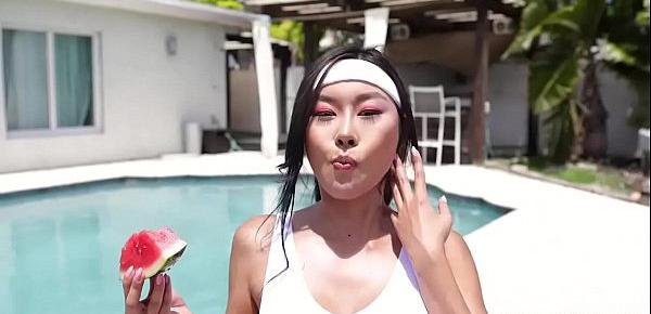  Cute Asian teen Honey Moon loves taking a giant juicy cock in her tight cunt to beat the summer heat.